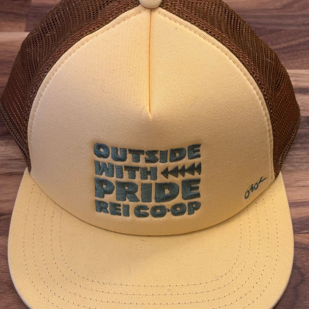 REI Two-Tone Yellow and Brown Trucker Hat with Teal Logo